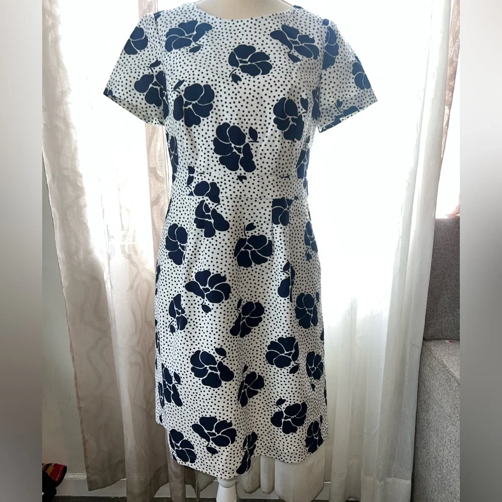 Boden midi sierra primrose textured dress with pockets size 8 navy polka dots - Picture 2 of 5